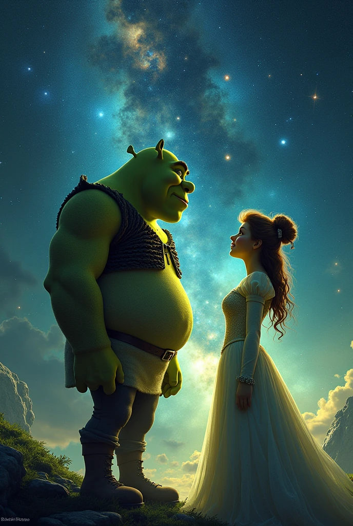 Shrek and the princess exploring the universe