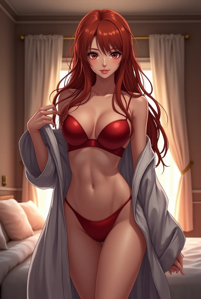 beautiful fit anime woman, very long auburn hair, red padded bra and g-string , open robe, bedroom, standing