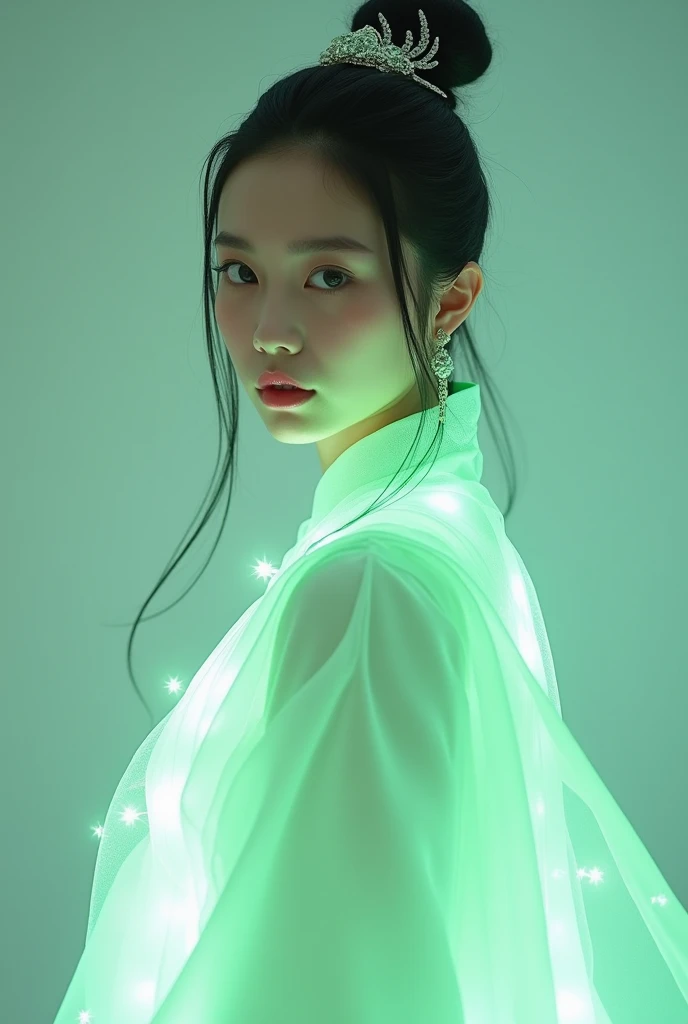 (Full Body), A luminous Chinese beauty (Dilraba Dilmurat) from ancient dynasties (221 BCE - 220 CE) stands majestically against a neutral background, her vibrant white-green twotone Wuxia attire radiating an otherworldly aura. David Lachapelle's lens captures the frozen moment of her polished body, Si-fi graphics luminescent attire, and captivating gaze meeting the camera with unflinching intensity. reflected light liquid metal fabric attire, 8K resolution reveals razor-sharp features, high-contrast details, and Traditional Chinese hairstyles, while a subtle sheen on her lips hints at the application of Traditional lipstick, spiritual cosmic to realistic, reflected light Glass hair pin