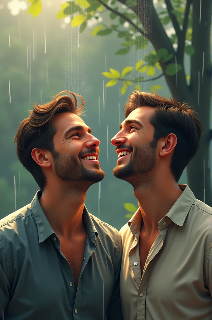 Men looking at the sky smiling while rain falls on their faces