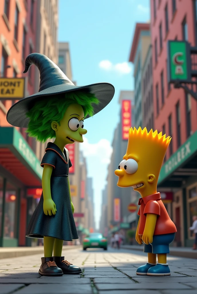 crea una imagen de Amity Blight y Bart Simpson en la calle 3D