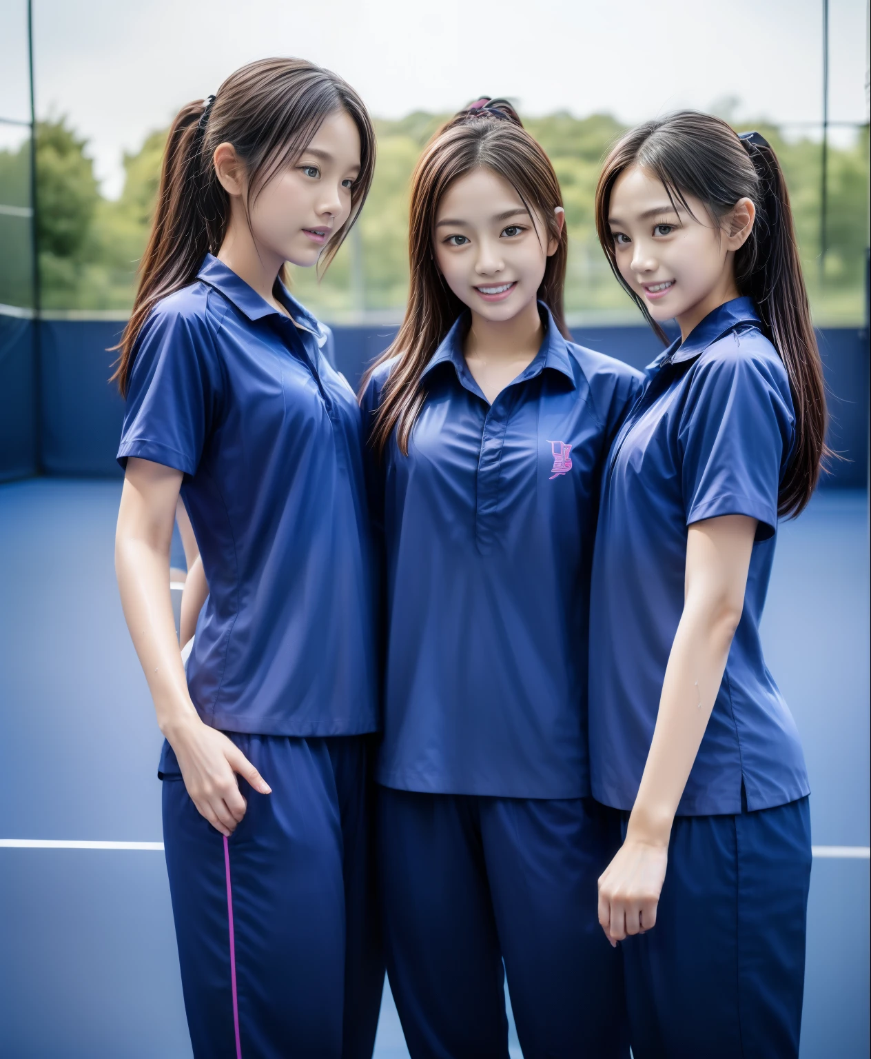 3 girls play tennis at tennis courts, Navy blue short-sleeved shirt,Navy Long Trackpant,Sweatpants, Sweatpantsขายาว,2 girl, lesbian, sexy, exercise clothes, wet body, exercise clothes