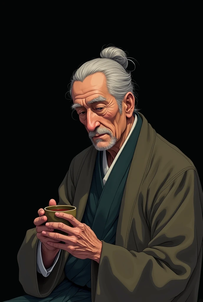 A wise old Japanese man with his cup of tea , The background of the image is black in anime mode, so the old man is on the left side of the image and only or half of the image space the old man has no beard