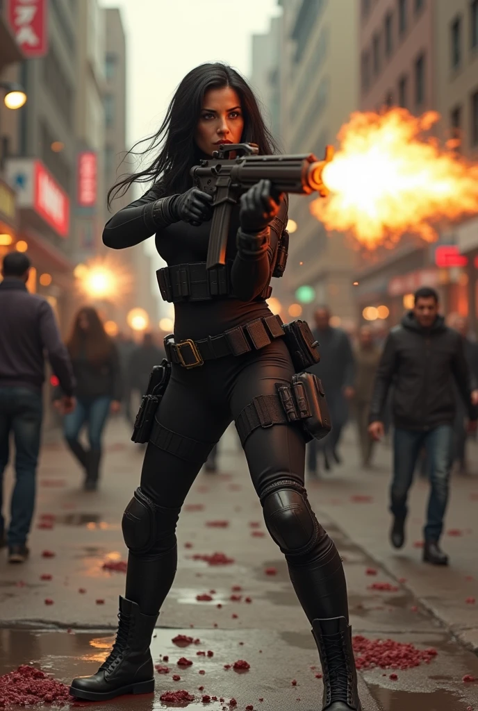 The Baroness from G.I. Joe is firing a gun into s crowd, killing a bunch of people.