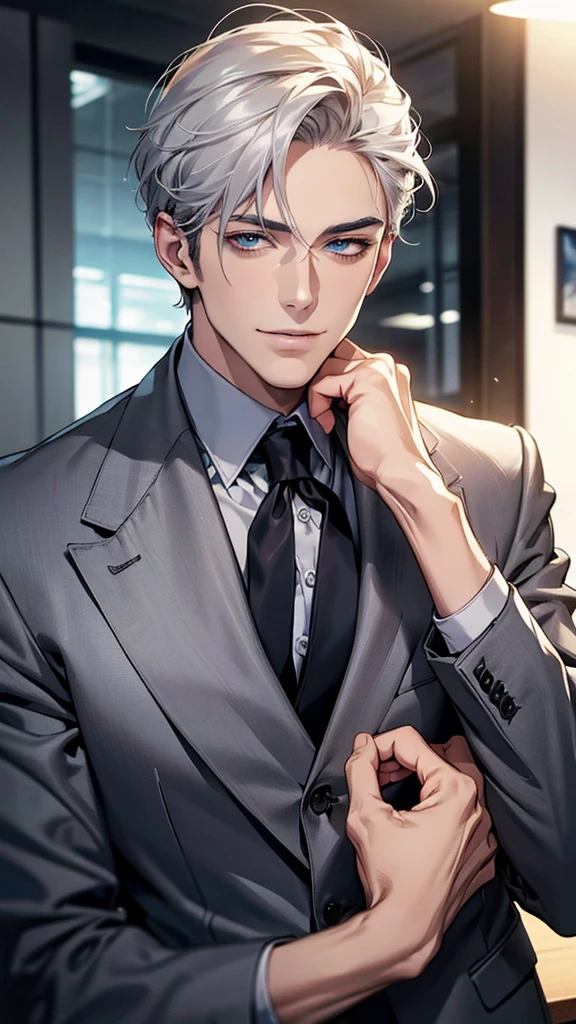 Upper Body、(Highest quality,4K,8k,High resolution,masterpiece:1.2),Very detailed,(Realistic,photoRealistic,photo-Realistic:1.37),1 person,3,Mature Men,very handsome,Expressionless,smile,Short gray white hair,blue eyes,Sharp Eyes,A perfect face without a doubt,Intimidating posture,Businessman,Office Background,Cinema Lighting,HDR image
