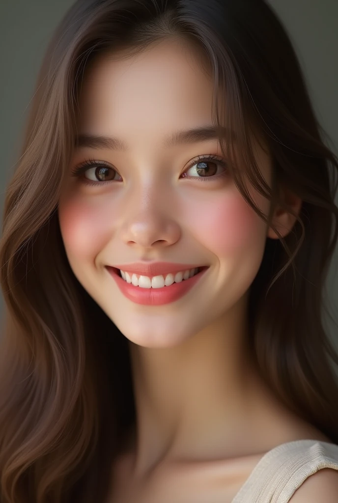 Very realistic young woman, Caucasian skin, Long brown hair, plump, pink lips, eyes browns. His expression is gentle, her smile is adorable and has dimples in her cheeks. 