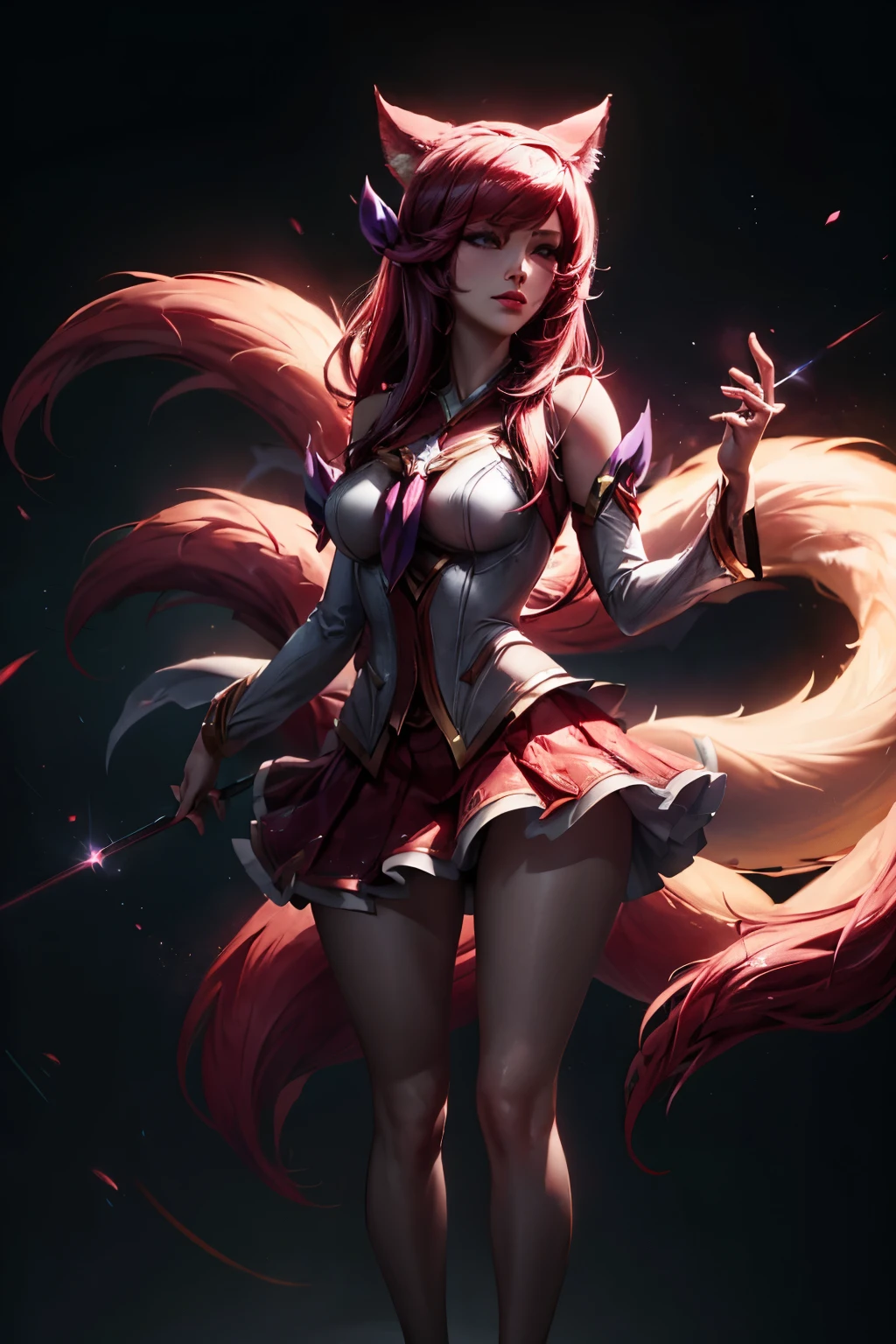 Ahri league of legends, nine red tipped fox tails, standing, face detailed, star guardian costume, short skirt, fully body, super detaill, high resolution, 8k, Overview, iluminação Ray Tracing