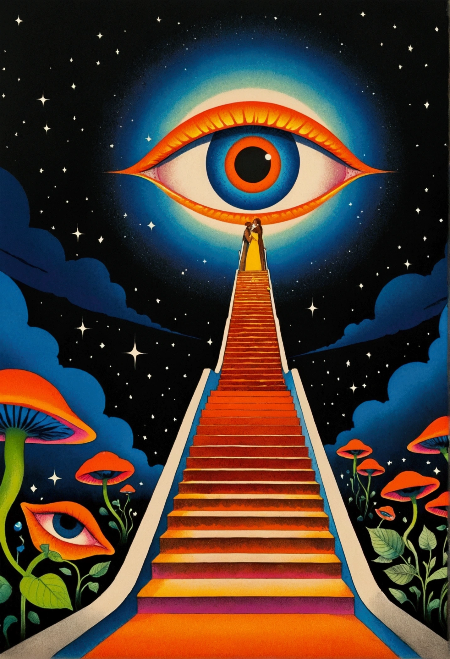 psychedelic aesthetic, Whimsical and psychedelic, Psychedelic illustration, 70s poster, McFarlin : : Gorgeous, Concert poster, Cosmic Psychedelic Drug Poster Art, Stairs leading to the orange eye, Otherworldly visuals, Psychedelic Art style, trippy visuals, Psychedelic Art
