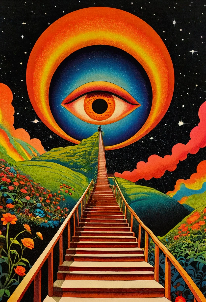 psychedelic aesthetic, Whimsical and psychedelic, Psychedelic illustration, 70s poster, McFarlin : : Gorgeous, Concert poster, Cosmic Psychedelic Drug Poster Art, Stairs leading to the orange eye, Otherworldly visuals, Psychedelic Art style, trippy visuals, Psychedelic Art