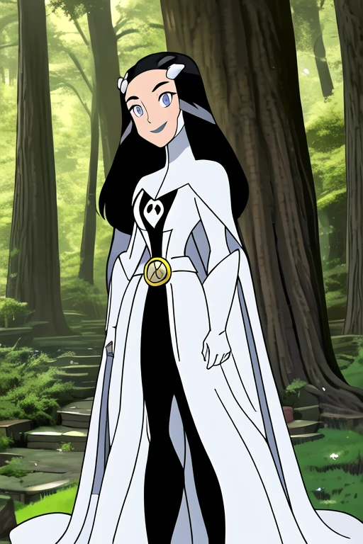 Tinya Wazzo, solo,black hair, long hair. grey eyes, smile, grey lips, white cape, best quality, masterpiece, 1girl, Masterpiece, Best Quality, Detail, Forest, cape in front, body caped, cape covered around, caped covered her full body 