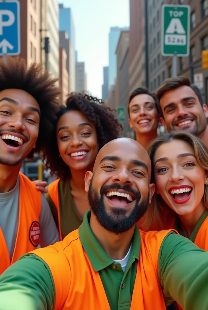 Men and women taking a selfie together happily with parking signs and wearing cartoon themed orange and green safety vests