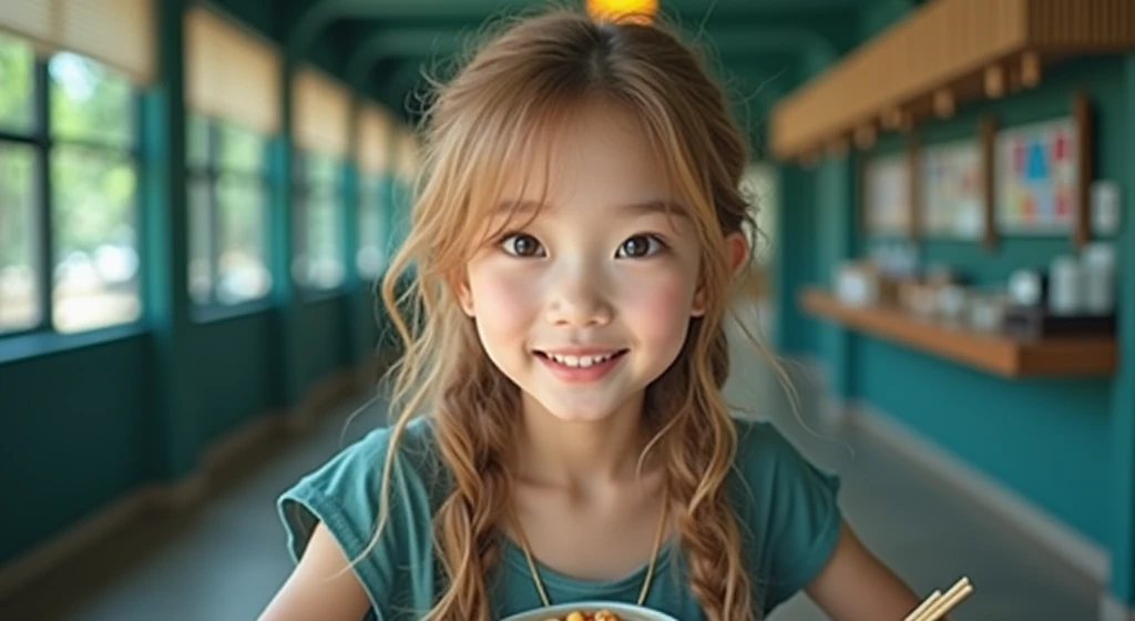 a young asian woman with long wavy hair wearing a summer dress, sitting at a table, food on the table, smiling, (high detail skin:1.2), 8K UHD, Digital SLR, High quality, filmgrain, Fujifilm XT3, perfect figure, (beautiful woman:1.4), ((wavy hair)), RAW photo, rim lighting, dim lighting, perfect anatomy, anatomically correct, perfection proportions.