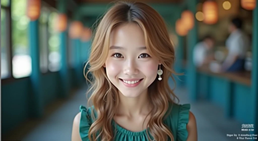 a young asian woman with long wavy hair wearing a summer dress, sitting at a table, food on the table, smiling, (high detail skin:1.2), 8K UHD, Digital SLR, High quality, filmgrain, Fujifilm XT3, perfect figure, (beautiful woman:1.4), ((wavy hair)), RAW photo, rim lighting, dim lighting, perfect anatomy, anatomically correct, perfection proportions.