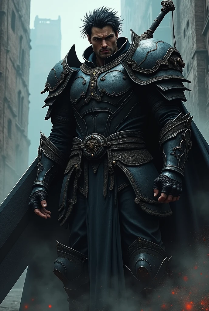 Guts the Black Swordsman with the huge black sword on his back, dressed in Berserk armor 