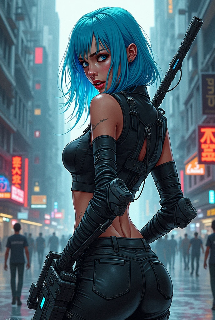 /imagine a drawing with lines and brush paintings, with watercolor touches, of a cyberpunk warrior, make a stylized drawing, in the style of illustrator Otto Schmidt, she wears leather clothes, blue neon details, blue hair, war paint on her face, wielding a large technological weapon, she appears in profile, she is turning her face back, she has a frightened expression, large, wide eyes, around her a chaotic futuristic city, dark and sober environment, streets in the style of the cities in the film Blade Runner 2049,