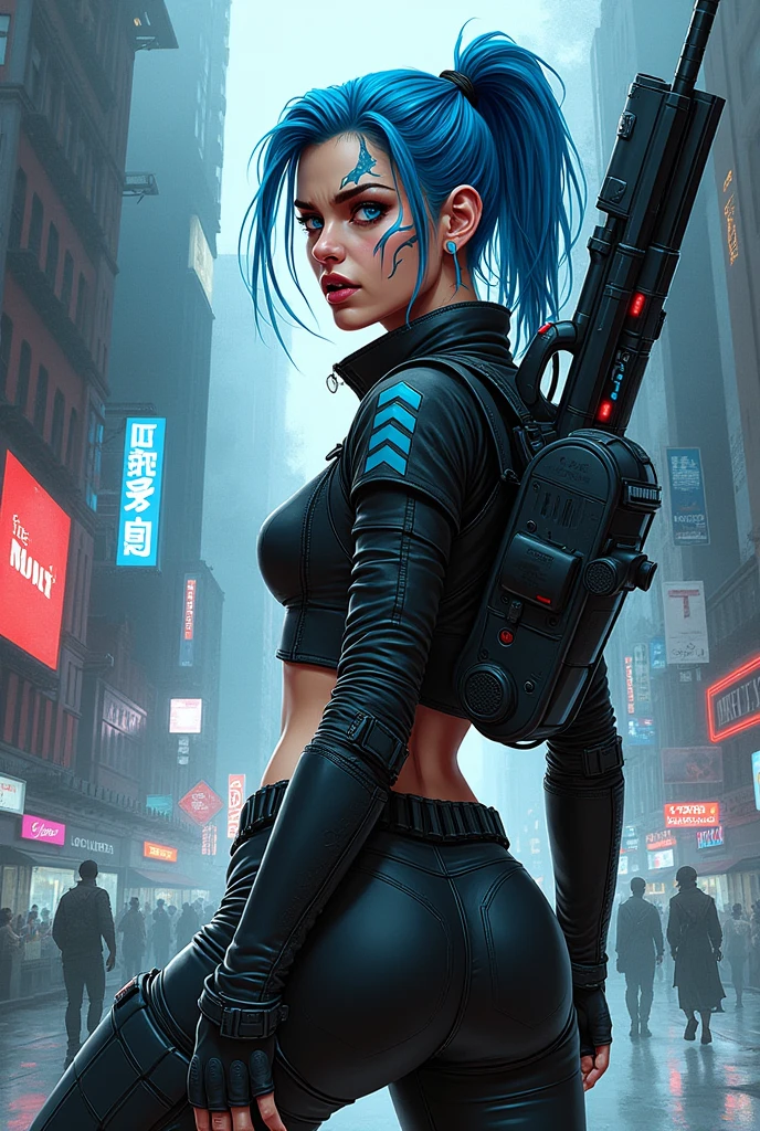/imagine a drawing with lines and brush paintings, with watercolor touches, of a cyberpunk warrior, make a stylized drawing, in the style of illustrator Otto Schmidt, she wears leather clothes, blue neon details, blue hair, war paint on her face, wielding a large technological weapon, she appears in profile, she is turning her face back, she has a frightened expression, large, wide eyes, around her a chaotic futuristic city, dark and sober environment, streets in the style of the cities in the film Blade Runner 2049,