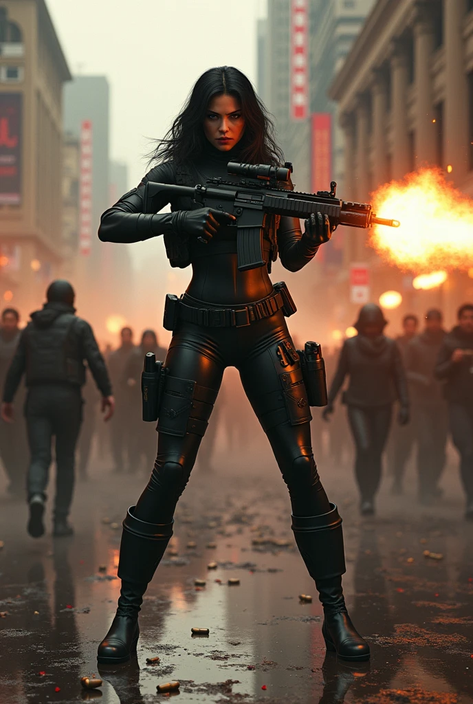 The Baroness from G.I. Joe is firing a gun into s crowd, killing a bunch of people.