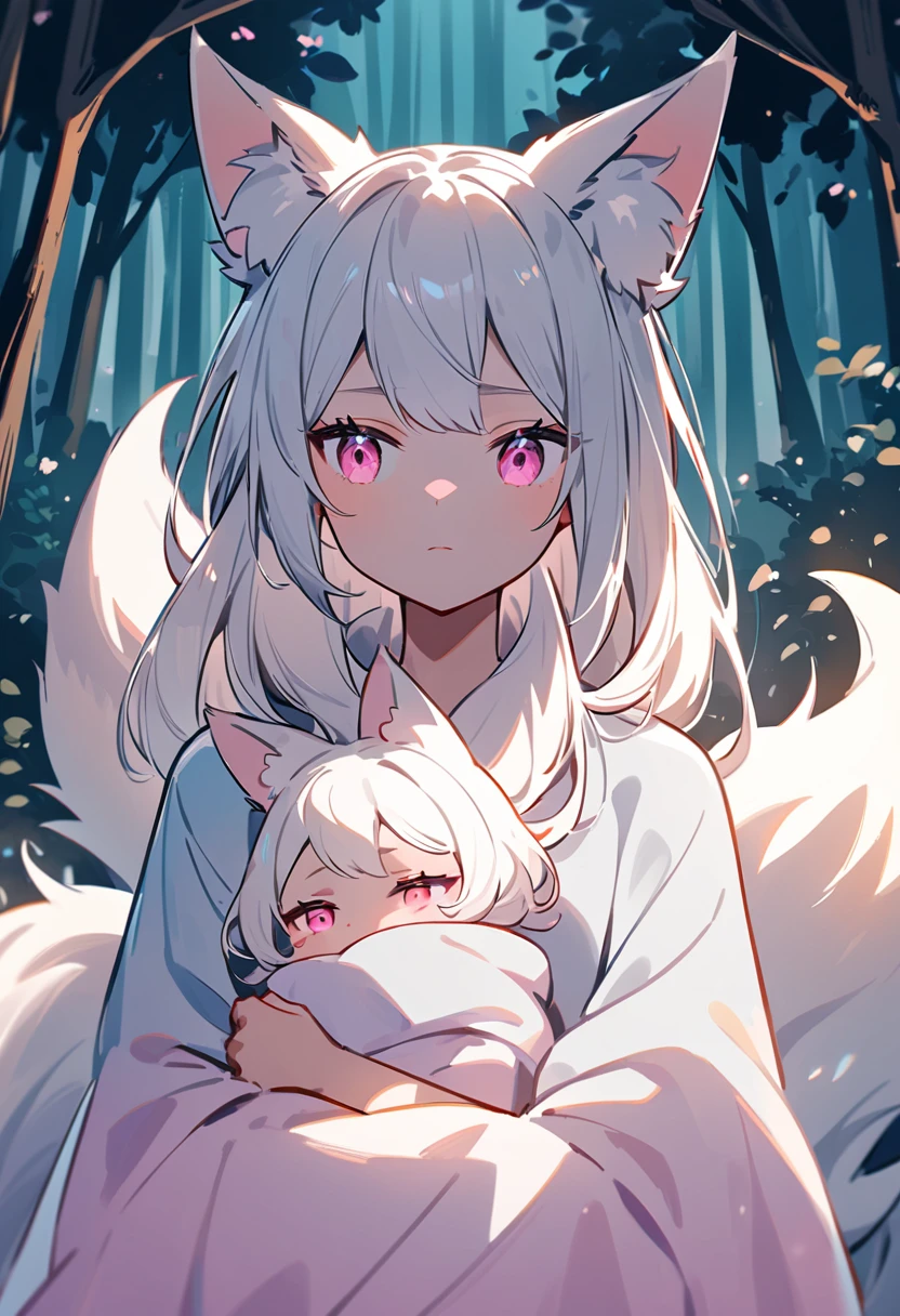 (masterpiece:1.2, best quality), 3girls, little , , child, lolitite, (flat chest), white hair, (big white fox ears), (white kimono), (black kimono), (topless:1.2), naked breast, nipple, bottom, hugging, blush, smile, shy, winter, snow, winter forest, anime minimalist, watercolor