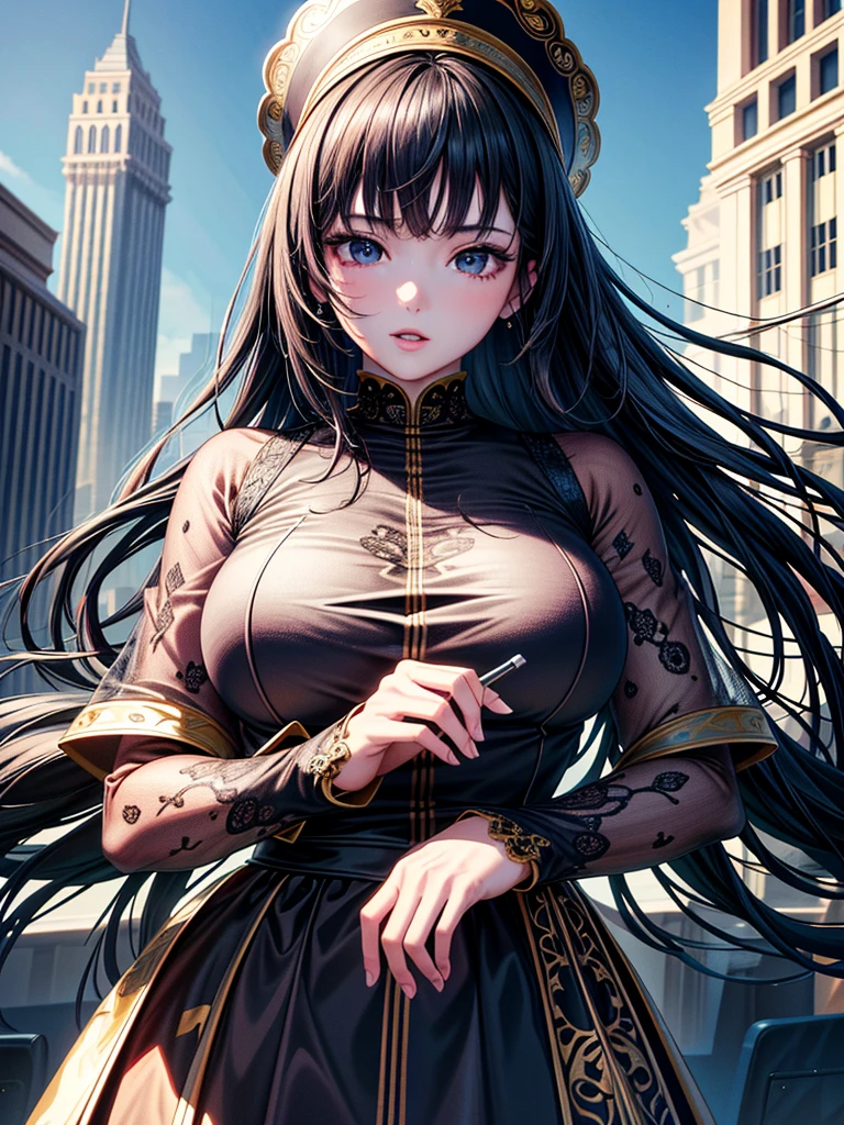 (Masterpiece、Ultra-high resolution、Detailed expression、Beautiful depiction、8k、Highest quality、Artwork:1.2)、(Giant:1.4)、Beauty、whole body、Beautifully detailed face、Over the city、A towering presence、Black Hair、suit、skyscraper
