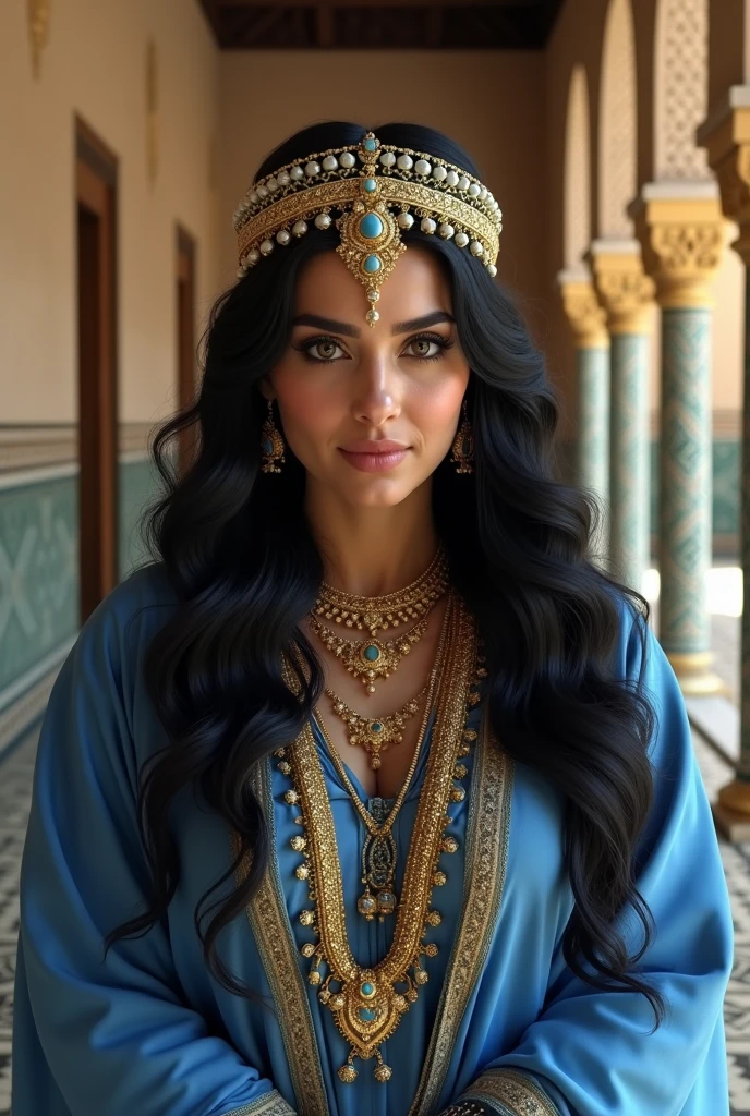 (photorealism:1.2), portrait of chubby woman inside Alhambra with very Long hair black, crowned with arabic headdress middle age, blue kaftan, gold jewelry, Al andalus Era, islamic vibe, arabic woman.