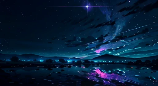 Vast landscape photography,(View from below。I can see the sky and the wilderness below.),Flower Field,(full moon:1.2),(meteor:0.9),(Star Cloud:1.3),Fir Mountain,Rios,(Warm light source:1.2),(Glow worms:1.2),The lamp lights up,Blue and purple,Intricate details,Volumetric Lighting Break(masterpiece:1.2), (Highest quality),4K,Very delicate,(moving composition:1.4),Extremely detailed and colorful(Iridescent colors:1.2),(Sparkling Lights,Atmospheric lighting),dream Magic,Magic,(solo:1.2)
