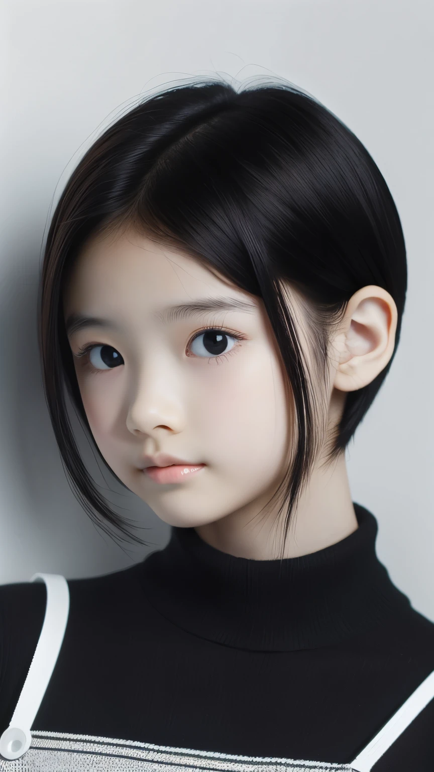 Black and White、Monotony、Paper Cut、woman、Baby Face、 Super Short Hair, side lock hair