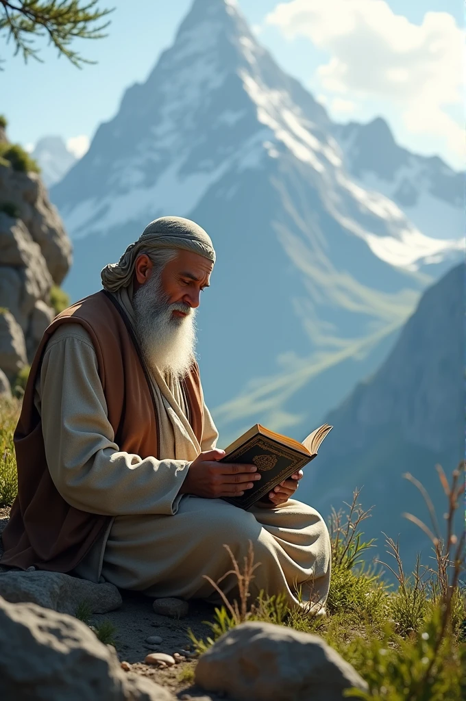 A man reading Quran at mountain