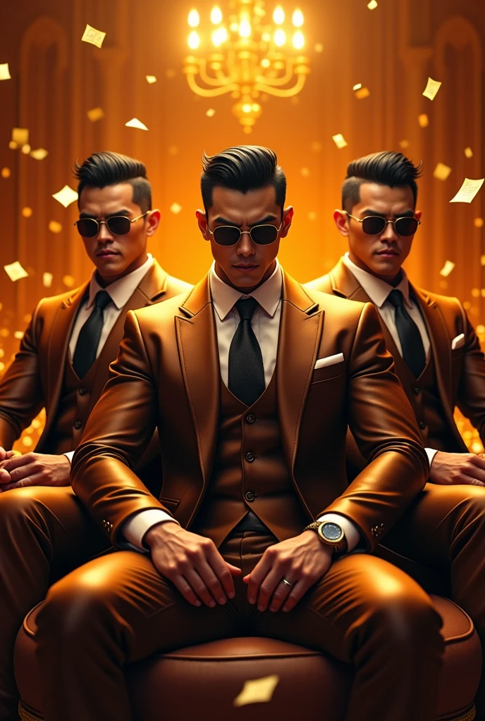 Brutal, 3 handsome man, sunglasses, "shiny brown suit ", wear white shirt,  very shiny brown pants, dark brown waistcoat, Dad sat on luxury sofa,k hd,in the office,"big muscle", crew cut black hair,asia face,masculine,strong man,the boss is,handsome, lecherous dad,look straight ahead,dad is handsome, full of gold and bank notes, orange background, orange atmosphere