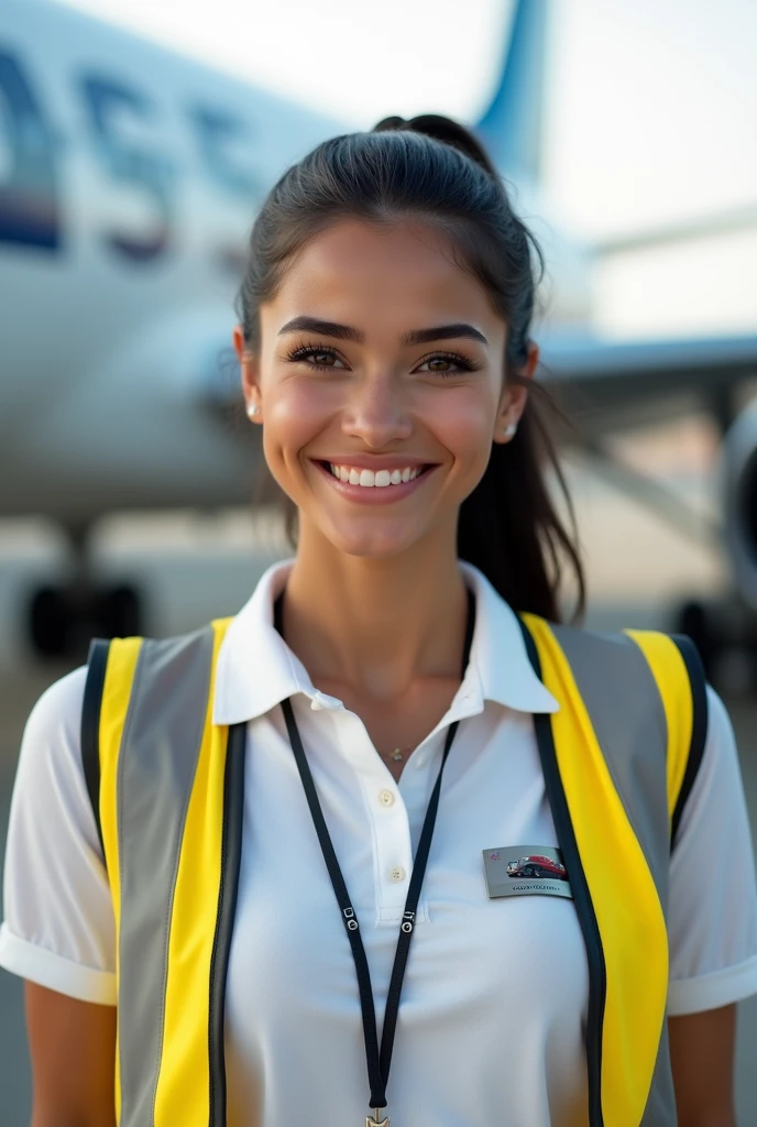 (photorealism: 1.2), hot brazilian sexy girl in sexy dynamic pose. raw portrait photography, hyper realistic and detailed face, complex and realistic skin texture, hot body, athletic body, smiling, long black hair tied up, white work polo shirt welcoming travelers with a airport badge black around his neck, EPI yellow vest, with airbus in the background