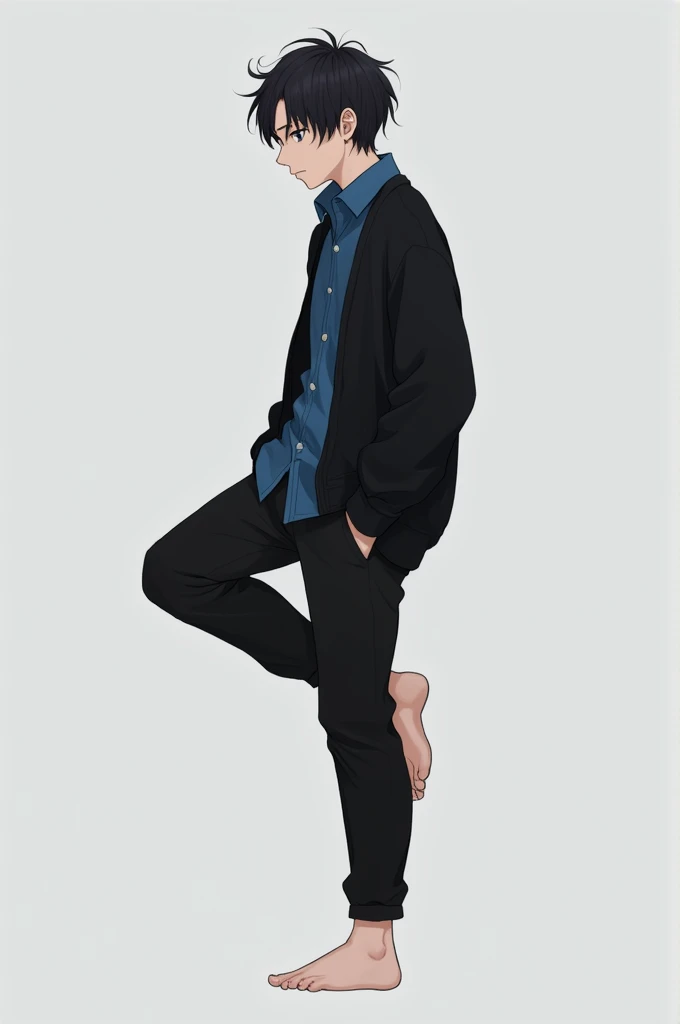 Barefoot boy in black pants, Black open-topped sweater and under the sweater he has a blue shirt with one foot raised