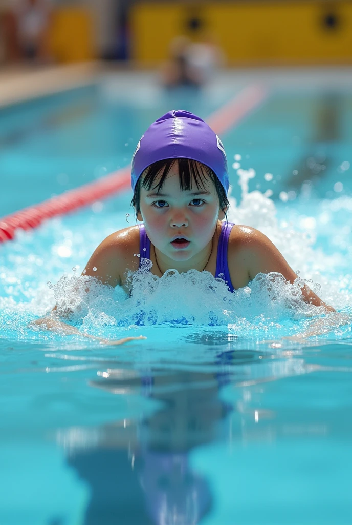 Photograph of a girl in an Olympic pool with brown and black hair and dark eyes, White skin, Purple swimsuit starting to become professional and doing butterfly a swimming style with purple swimming cap goggles yellow or golden sand concentrating on what she does and the photo as a little far to the side