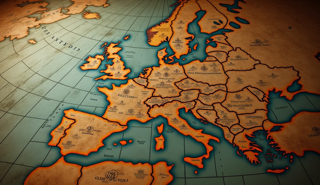 A detailed map illustrating the alliances of Edward III, set against a dark, dramatic backdrop. The map prominently features the territories of Flanders and the Holy Roman Empire, with intricate borders and shading highlighting their strategic importance. The alliances are depicted with ornate, vintage symbols and rich, muted colors that evoke the medieval period. England is shown at the center, with elaborate lines connecting it to Flanders and the Holy Roman Empire, encircling France in a network of political intrigue. The map's aged, parchment-like texture adds to the atmospheric, cinematic quality, capturing the complex web of alliances that surrounded and challenged France. The overall tone is moody and atmospheric, reminiscent of Edmund Blair Leighton's evocative style, with a focus on rich detail and historical depth., Surrealism, Hyperrealism, UHD, retina, masterpiece, accurate, anatomically correct, textured skin, super detail, 16k