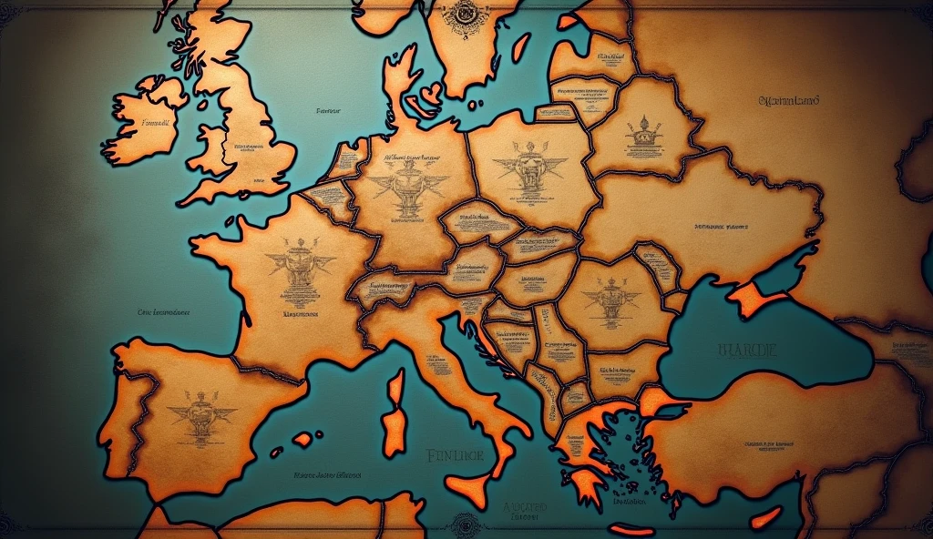 A detailed map illustrating the alliances of Edward III, set against a dark, dramatic backdrop. The map prominently features the territories of Flanders and the Holy Roman Empire, with intricate borders and shading highlighting their strategic importance. The alliances are depicted with ornate, vintage symbols and rich, muted colors that evoke the medieval period. England is shown at the center, with elaborate lines connecting it to Flanders and the Holy Roman Empire, encircling France in a network of political intrigue. The map's aged, parchment-like texture adds to the atmospheric, cinematic quality, capturing the complex web of alliances that surrounded and challenged France. The overall tone is moody and atmospheric, reminiscent of Edmund Blair Leighton's evocative style, with a focus on rich detail and historical depth., Surrealism, Hyperrealism, UHD, retina, masterpiece, accurate, anatomically correct, textured skin, super detail, 16k