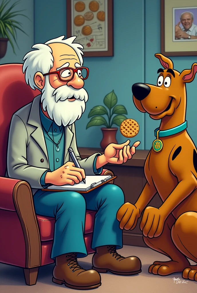 Fritz Perls, psychiatrist, slightly chubby, bald with white hair only on the sides, white bearded, bushy eyebrows, doesn't wear glasses,, has some wrinkles. drawing version (in the style of drawing/animation "scooby doo"), he is talking to scooby and shaggy in therapy, sausage are sitting in the armchair talking, while scooby is next to you eating scooby biscuits; perls is holding a clipboard and writing down what sausage says