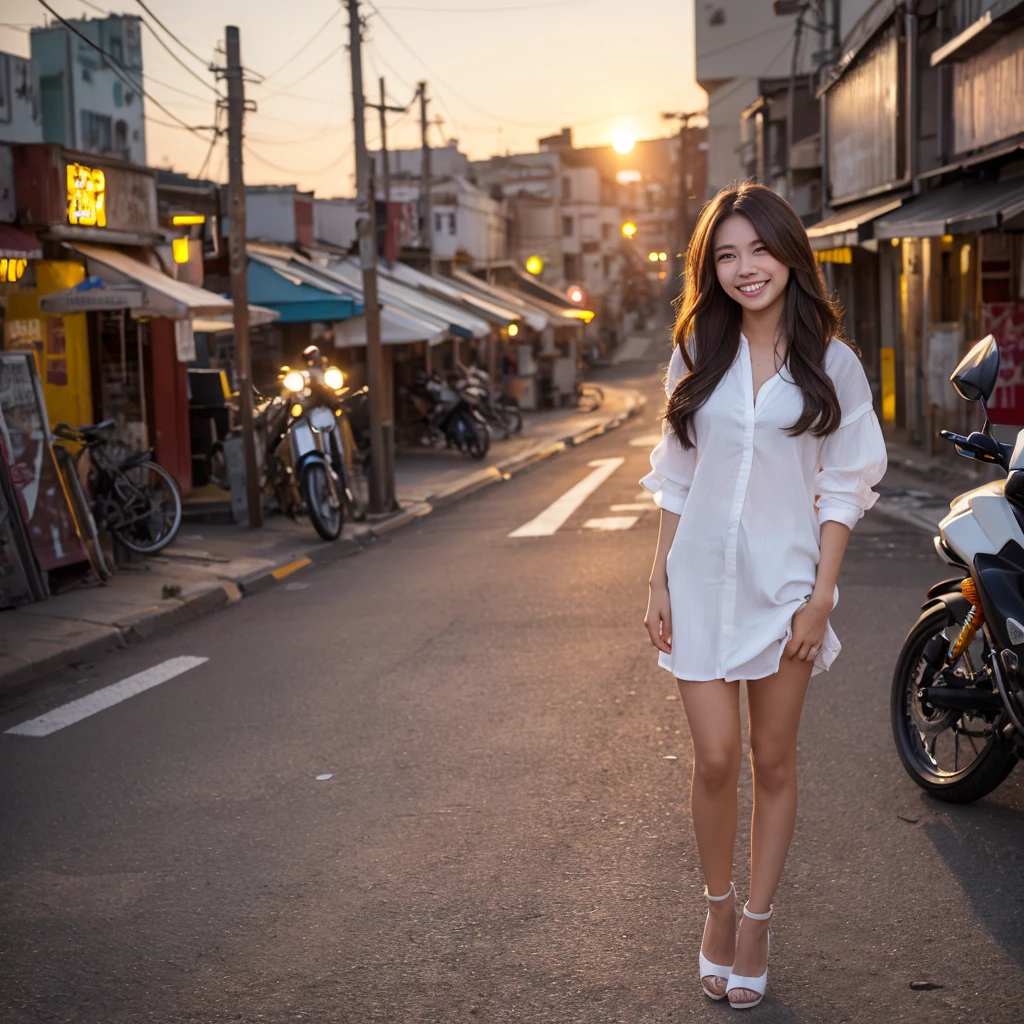 One girl, wind, Dirty hair, sunset, Streetscape, (Aesthetics and atmosphere:1.2),Beautiful woman with smile、、ultra HD、Japanese、One woman around 20 years old、Brown Hair、smile、((Smiling with white teeth))、thin legs wearing high heels
