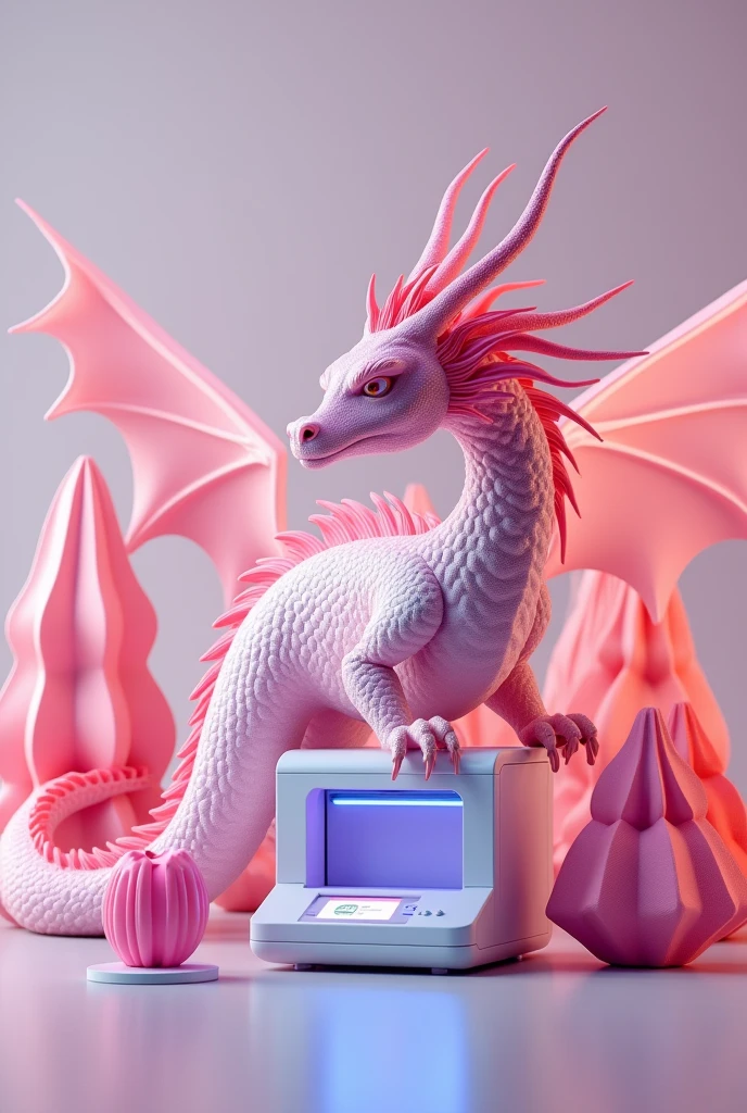  Schelly 3d printer with 3d prints, pink and white 3d printet dragon, aestetic 