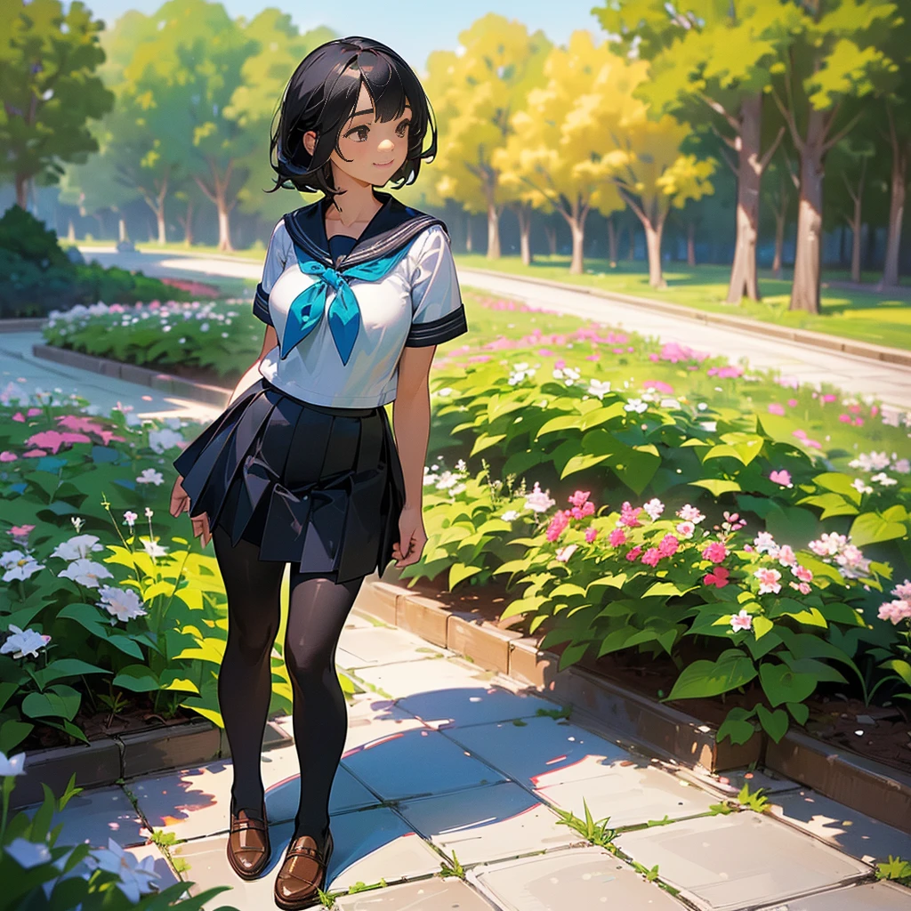 (Highest quality, High resolution, Super detailed, Realistic:1.37), Peaceful atmosphere, (Outdoor, garden),  girl standing alone,(my breasts are big.),Beautifully detailed features, Cute Smile, ((Black bob hair)),Short-sleeved sailor uniform, Pleated skirt,Black tights,Brown leather shoes.