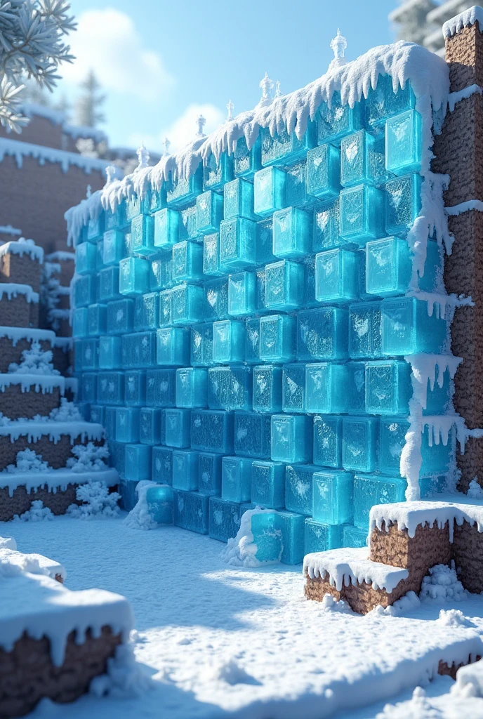 I want you to create a wall or a wall based on the Minecraft game with an ice theme, I want the wall to not be so high, about 12 blocks high maximum, but the 12 blocks high are Minecraft blocks and I want them to be based on the materials and reality of that game.