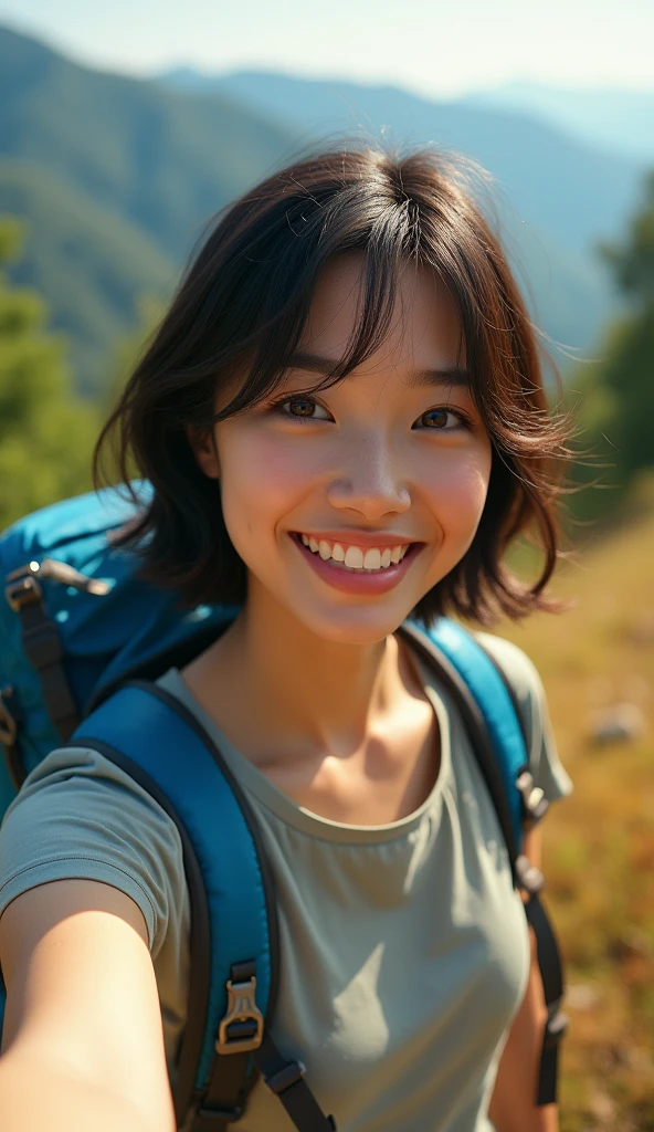 One Japanese woman, Japanese Model, Cute Smile, Full body photo, healthy的な色気, Surreal,((Beautiful Skin)),((Skin Texture)),((Real Touch)), A little small mouth, Thin lips, healthy, unreddish skin, Double eyelids, Short casual hair, forward bend posture,Observe the audience, Highest quality,(Japanese),((beautiful girl)),(Cute Smile),Beautiful Teeth,Highest quality,8k,夏のMountain, Big blue backpack, Short sleeve T-shirt,Outdoorスポーツパンツ,Trekking pants,Trekking boots,short hair:1.2,Photorealistic,Dark brown hair,Smile with a big laugh,,fine,2 woman,White skin,Wet lips,Brown Eyes,Ample breasts,High quality,Ultra-realistic,Upper body selfie,Happiness,masterpiece,Highest quality,Super detailed,solo,Outdoor,Mountain,forest,Nature Lee,Cheerful,Happiness,Flashlight,Shadow,contrast,Clear skies,Warm colors,Warm Tones:1.2,Close-up,Cinematic Light,Side light,Ultra-high resolution,Best Shadow,Kodak Vision 3