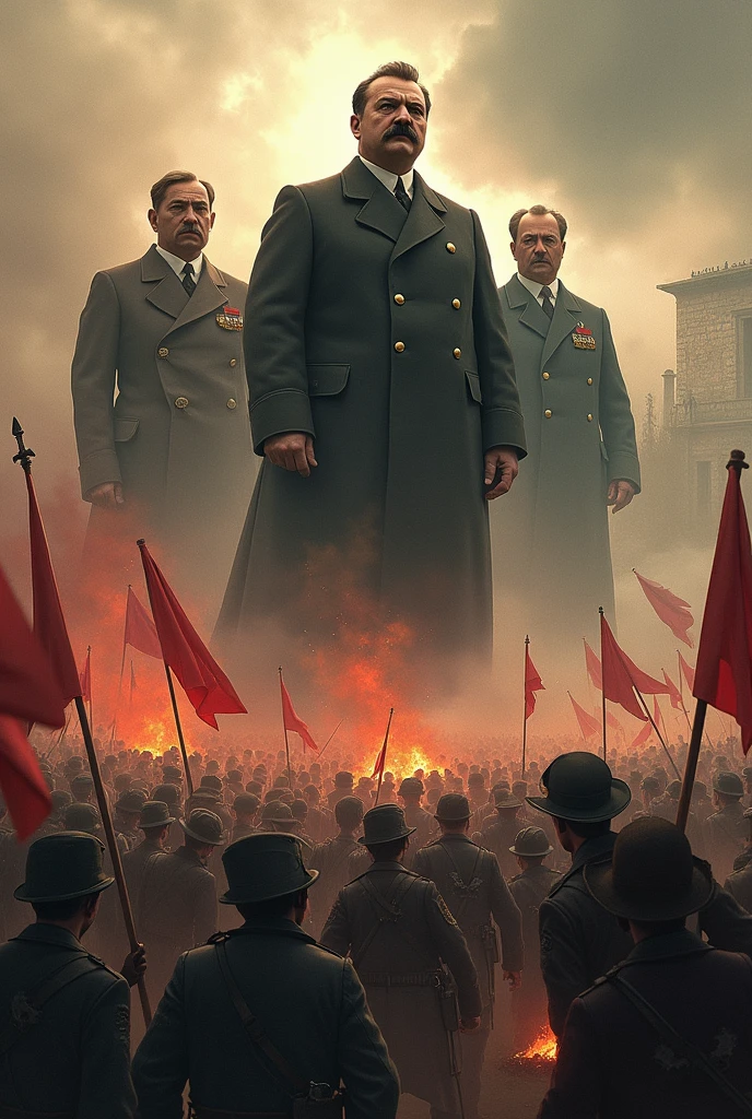 Russian Revolution, end of the Tsarist empire, The Bolsheviks and Mensheviks on two opposite sides, higher than the rest of the people, leading people, Below them all is the green army (with green uniform), the black army (with black uniform, the white army (with white uniform)and the nationalists, with some important faces in the background, like Vladimir Lenin, Leon Trotsky and Joseph Stalin.