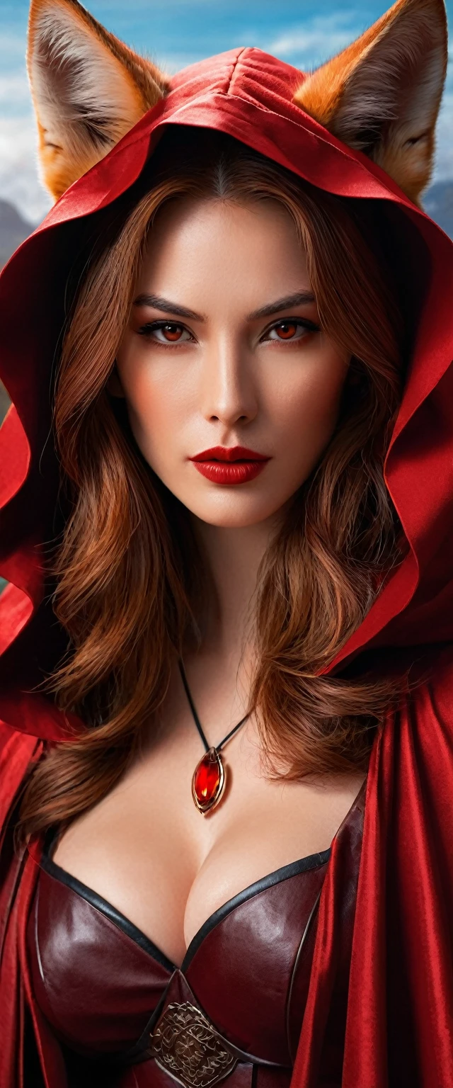 portrait of a kitsune, illustration, nsfw, fantasy, (masterpiece, best quality:1.3), (highly detailed:1.5), UHD, 8K, beautiful, jawline, cheekbones, (red lips, red eyes), brown hair, long hair, collarbone, large breasts, leather cloak, red cloak, hooded, looking at viewer, (amazing background), (depth of field)