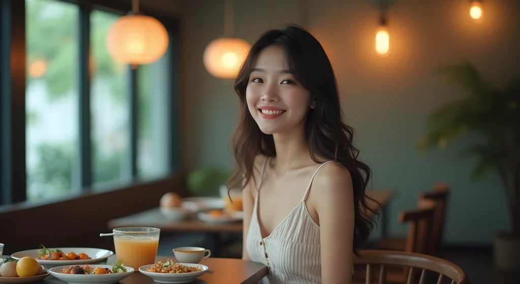 a young asian woman with long wavy hair wearing a summer dress, sitting at a table, food on the table, smiling, (high detail skin:1.2), 8K UHD, Digital SLR, High quality, filmgrain, Fujifilm XT3, perfect figure, (beautiful woman:1.4), ((wavy hair)), RAW photo, rim lighting, dim lighting, perfect anatomy, anatomically correct, perfection proportions.