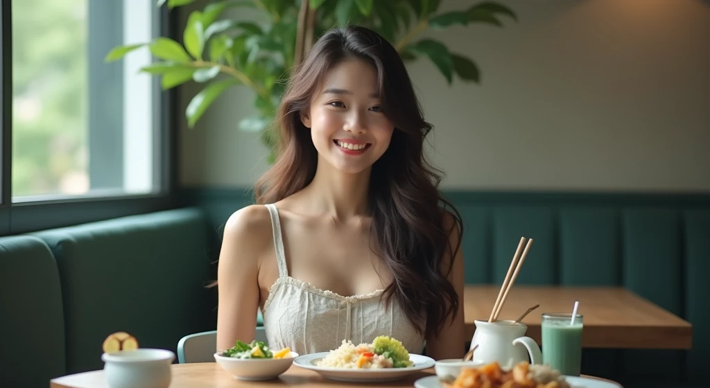 a young asian woman with long wavy hair wearing a summer dress, sitting at a table, food on the table, smiling, (high detail skin:1.2), 8K UHD, Digital SLR, High quality, filmgrain, Fujifilm XT3, perfect figure, (beautiful woman:1.4), ((wavy hair)), RAW photo, rim lighting, dim lighting, perfect anatomy, anatomically correct, perfection proportions.
