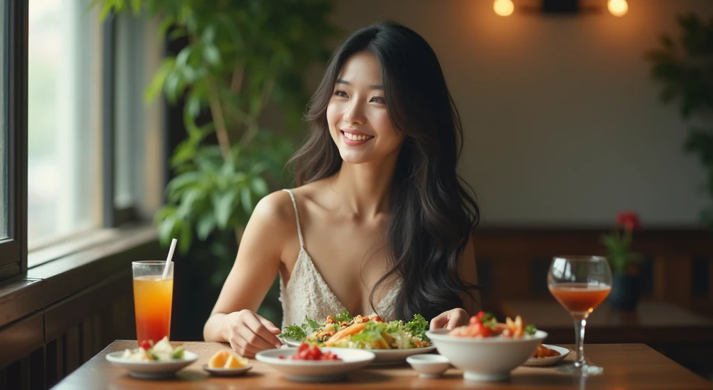 a young asian woman with long wavy hair wearing a summer dress, sitting at a table, food on the table, smiling, (high detail skin:1.2), 8K UHD, Digital SLR, High quality, filmgrain, Fujifilm XT3, perfect figure, (beautiful woman:1.4), ((wavy hair)), RAW photo, rim lighting, dim lighting, perfect anatomy, anatomically correct, perfection proportions.
