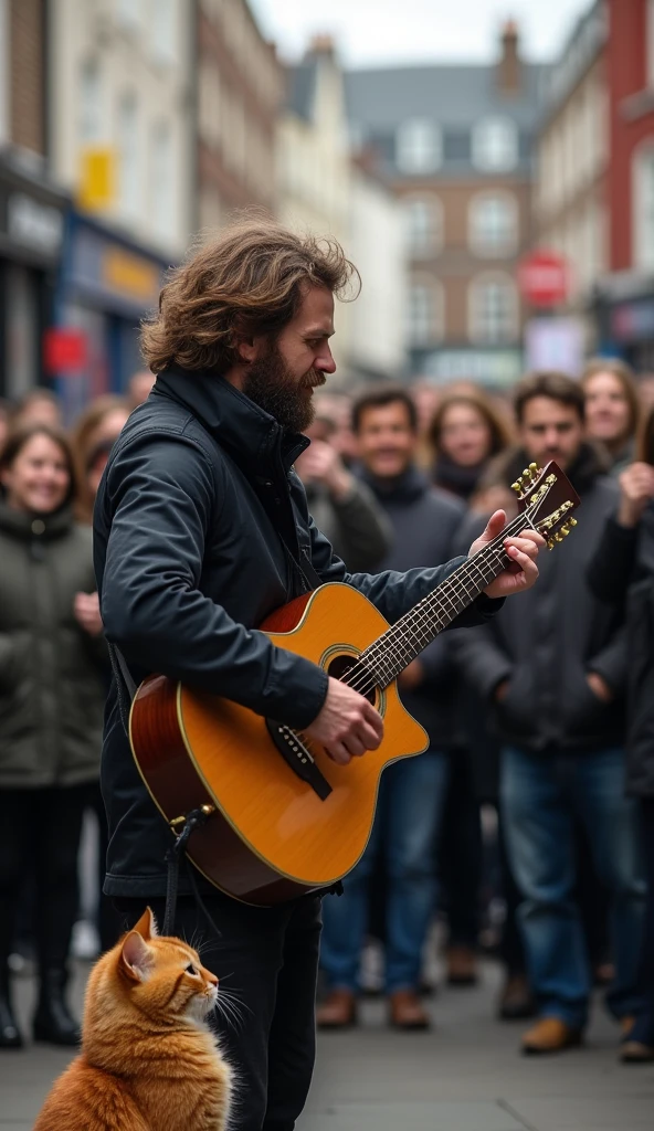 8k, high-quality, photograph, crowd gathered around street performer (man: british, homeless, age 41, long brown hair: 1.2, short stubble: 1.3, wearing dark jacket) playing guitar, ginger tabby cat sitting nearby, London street scene, excited onlookers