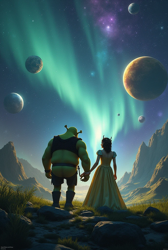 Shrek and the princess exploring the universe They discovered planets and stars