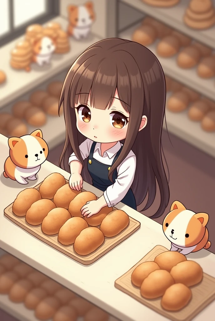 (masterpiece:1.2, of the highest quality,ultra high resolution,Super detailed),8k,(Wallpaper),(best illustrations:2.0),(Brunette chibi woman working in a bakery:2.0),(The bakery has々A square arrangement of bread with little calico cat characters with relaxed Rilakkuma-style expressions.,Bakery,very simple design),(isometric illustration)