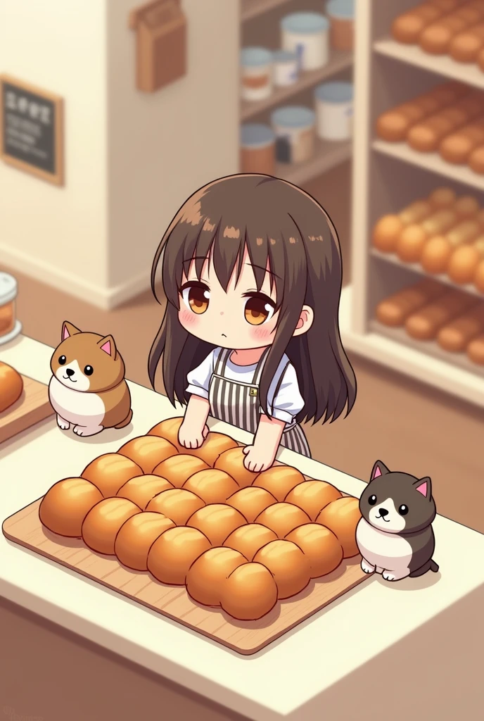 (masterpiece:1.2, of the highest quality,ultra high resolution,Super detailed),8k,(Wallpaper),(best illustrations:2.0),(Brunette chibi woman working in a bakery:2.0),(The bakery has々A square arrangement of bread with little calico cat characters with relaxed Rilakkuma-style expressions.,Bakery,very simple design),(isometric illustration)