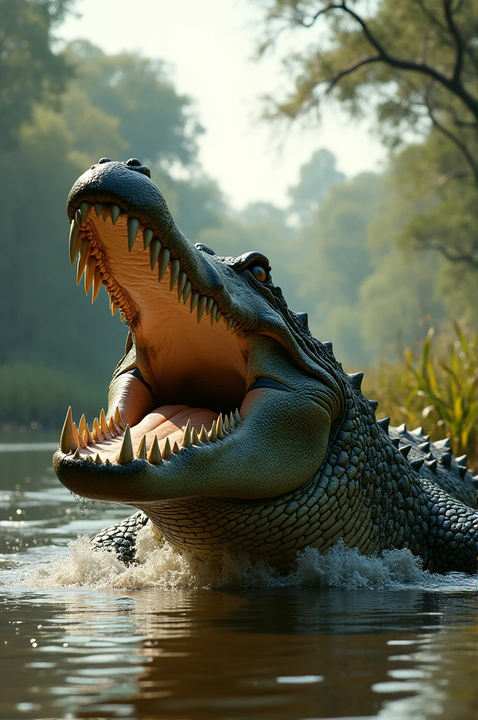  A Nile crocodile emerging from a murky river in Africa, with its enormous jaws wide open, revealing sharp, jagged teeth. The crocodile’s tough, scaly skin is textured and glistens in the sunlight. It has a fierce and intense gaze, showcasing its predatory nature. The background features dense vegetation with tall grasses and a few trees, adding to the wild, untamed atmosphere of the riverbank.