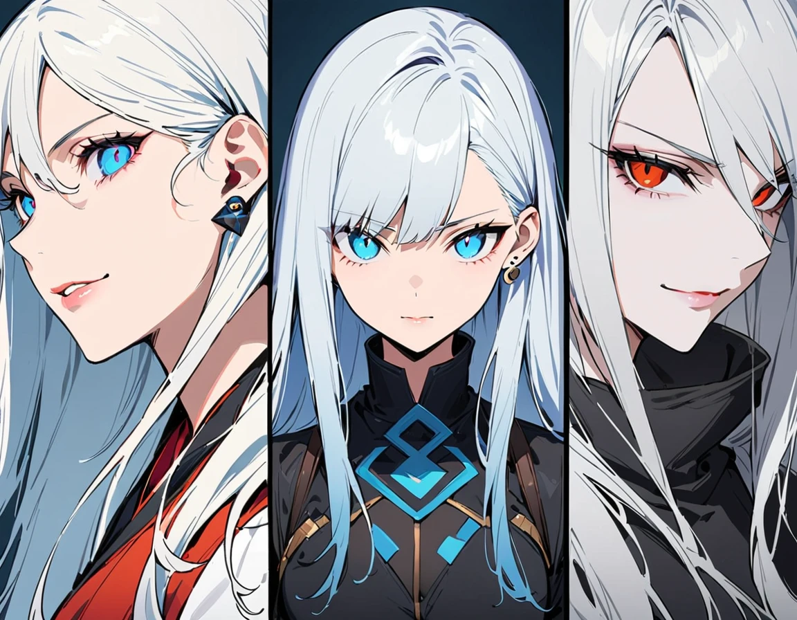 The Minimalists，Fashion Girl，white hair，Blue Background，Wear special earrings，Bohemian style，Clear lashes，full of bright blue eyes，Clean and transparent eyes，close up，Portrait facing camera，Smile flat illustration，geometry，Clean，Japanese Manga, Long white hair, blue eyes, evil, sexy, black and red clothes, evil face, evil, serious look, gloss lips, sinister, front look, bloody, gloves, close up, portrait, beautiful eyes, dark place, night, sensual, straight hair cut, clear skin, evil, young 30 years girl, adult girl, solo, red, very long hair, ankle length hair, handsome older WOMAN，blue-eyes，blue pupils，Long white hair，Hyperresolution，accuracy，Detailed rendering,（Image of fine hair）（topquality）（Masterpieces of masters）（High degree of completeness）（A sense of atmosphere）tmasterpiece，Super detailed and super detailed（((full-body)))(((White and black fur fighter outfit))